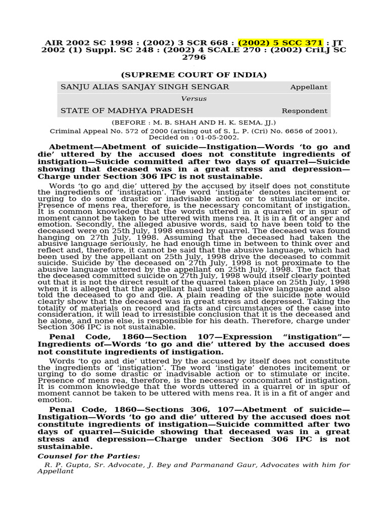Supreme Court Ruling on Suicide Abetment | PDF | Aiding And Abetting ...