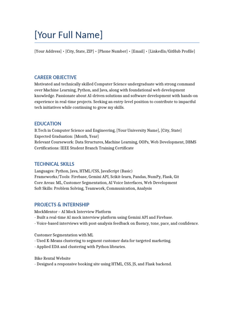 Computer Science Resume for Entry-Level Role | PDF