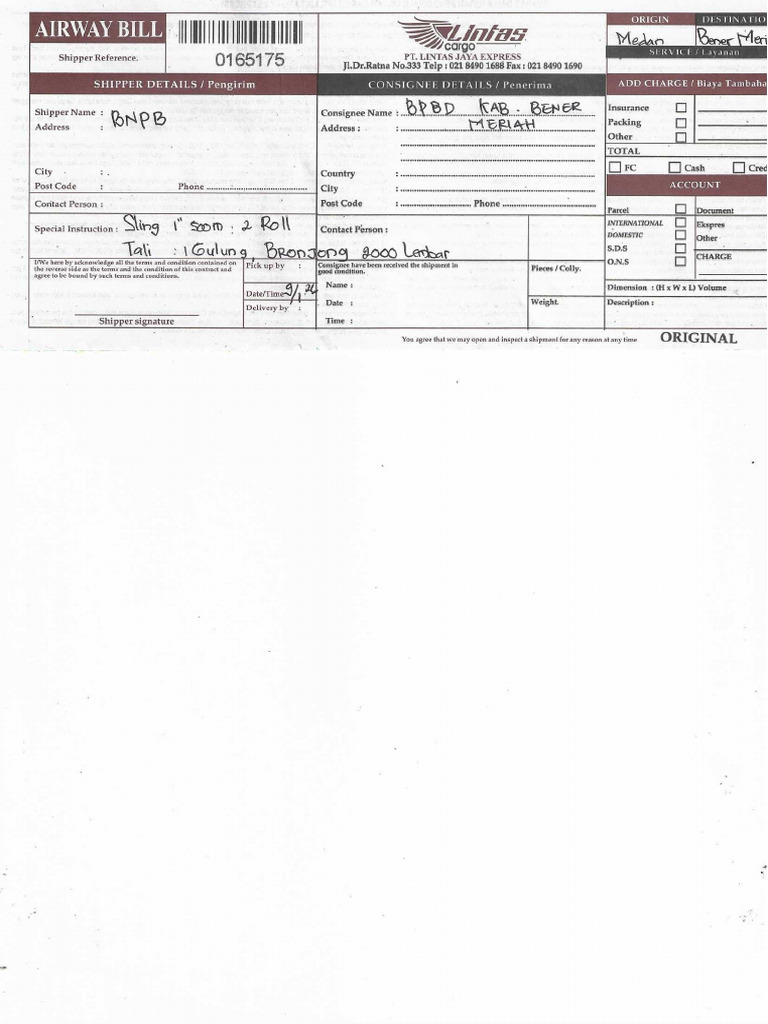 Awb 165175 Dan Surat Jalan Pengiriman Sling, Tli, Bronjong | PDF