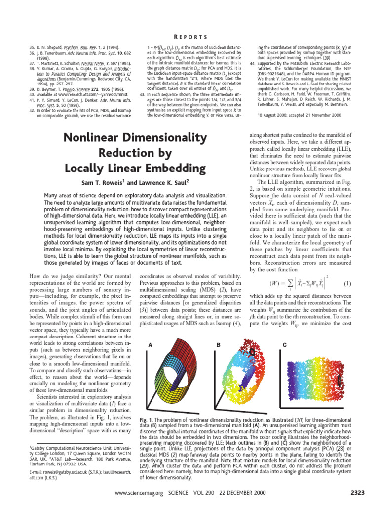 Nonlinear Dimensionality Reduction by Locally Linear Embedding | PDF ...