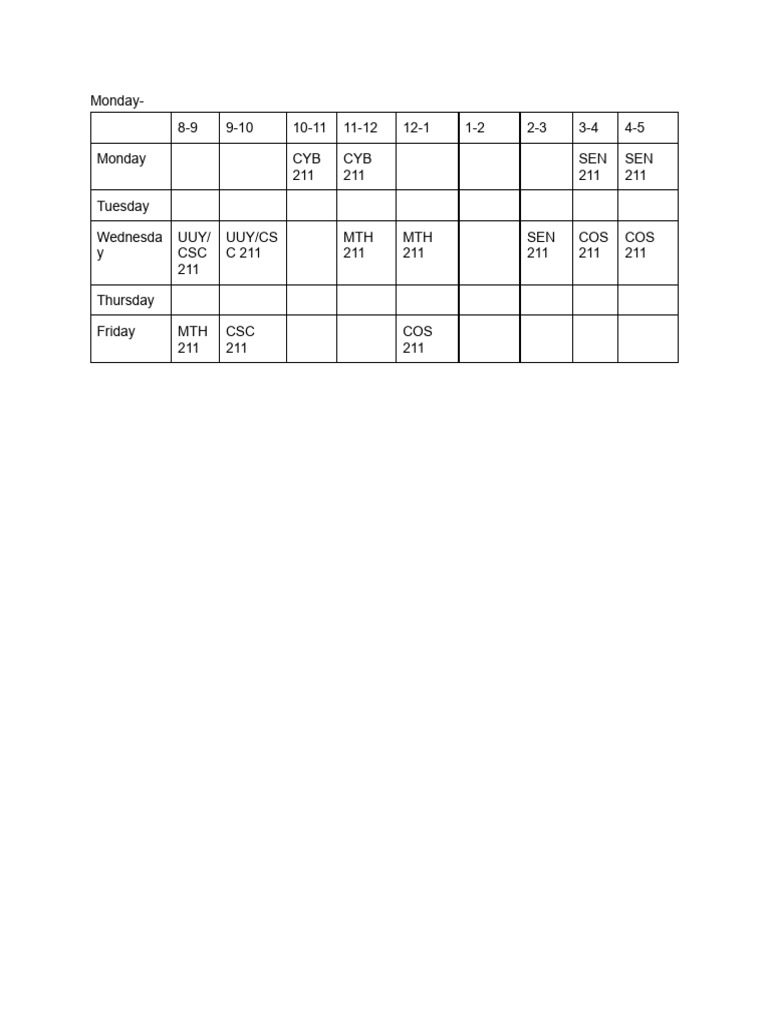Weekly Class Schedule Overview | PDF