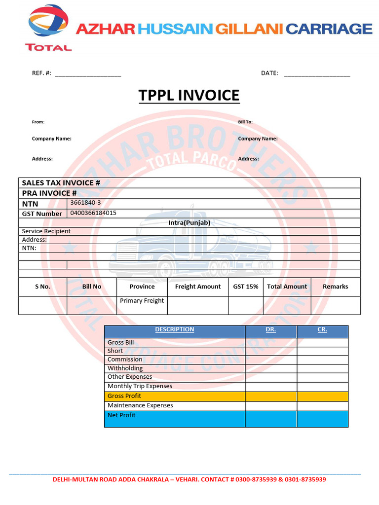 Delhi-Multan Road Invoice Template | PDF