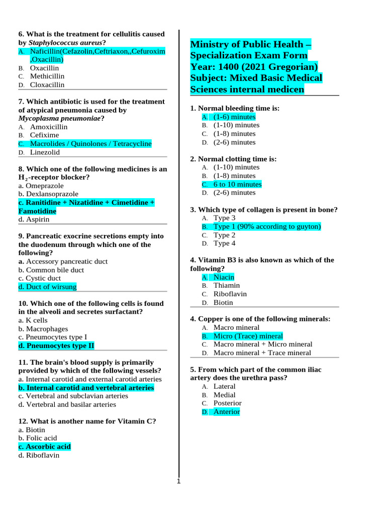 Mixed Basic Medical Sciences Exam 1400 | PDF | Stomach | Heart Valve