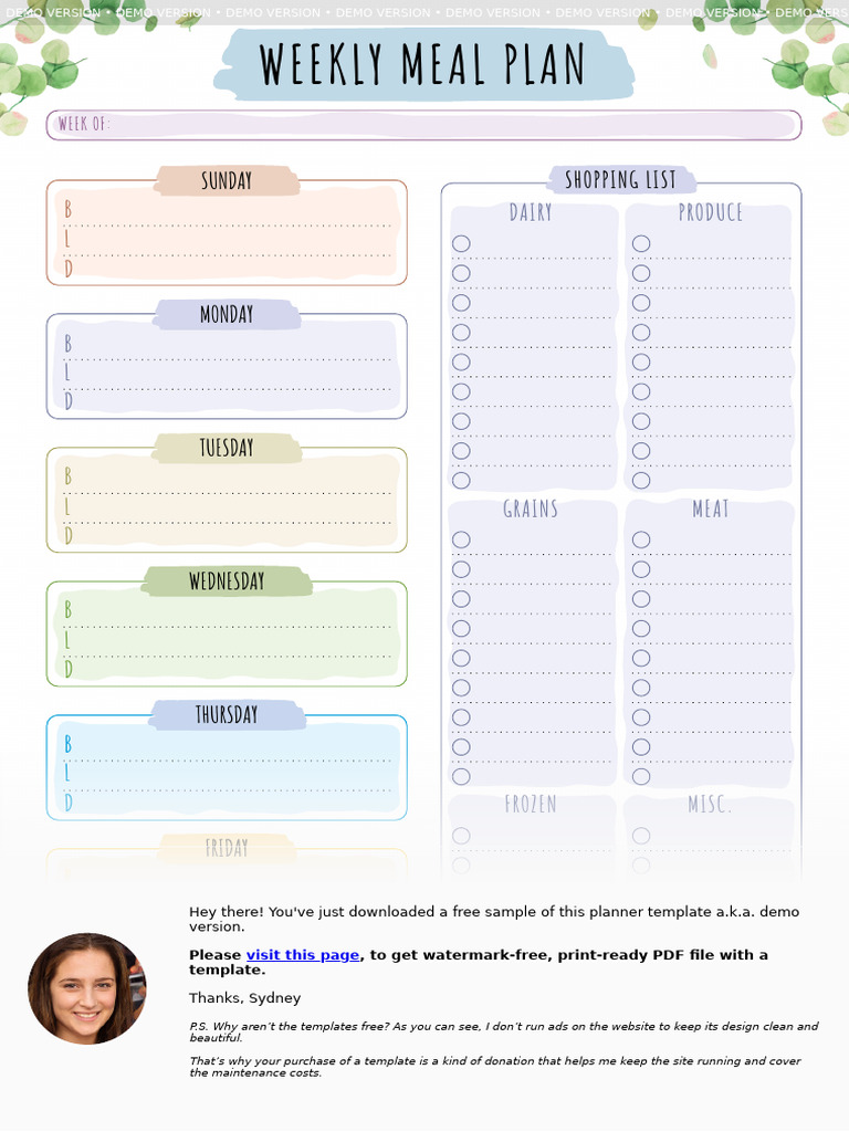 Weekly Meal Plan With Shopping List Floral Style A4 | PDF