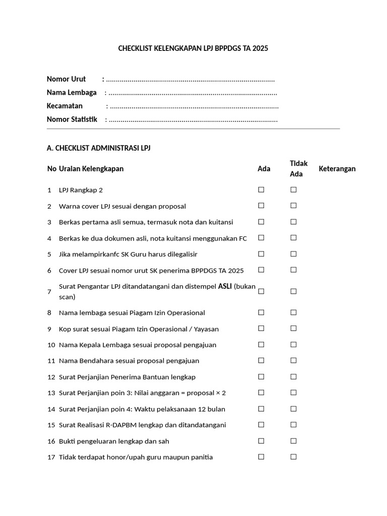 Checklist LPJ BPPDGS TA 2025 | PDF