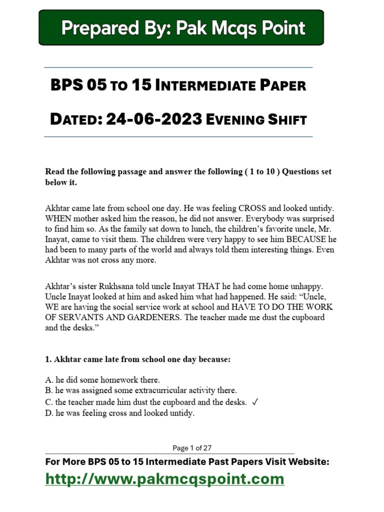 BPS 05 To 15 Intermediate Category 24-06-2023 Evening Shift Paper | PDF ...
