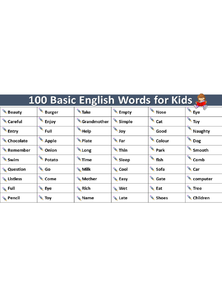 100 Basic English Words For Kids | PDF
