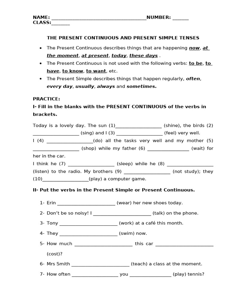 Present Simple and Present Continuous Worksheet Templates Layouts ...