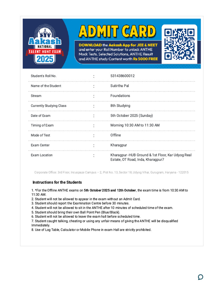 ANTHE Exam Details for Sutirtha Pal | PDF