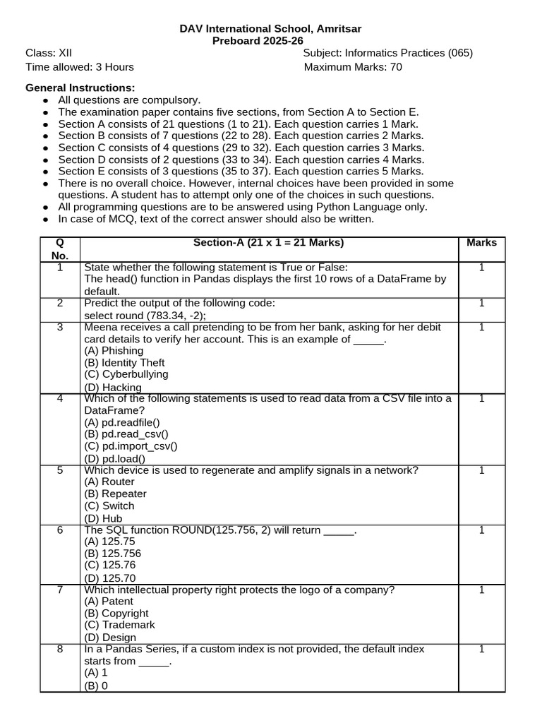 XII IP Preboard Jan 2026 | PDF | Database Index | Sql