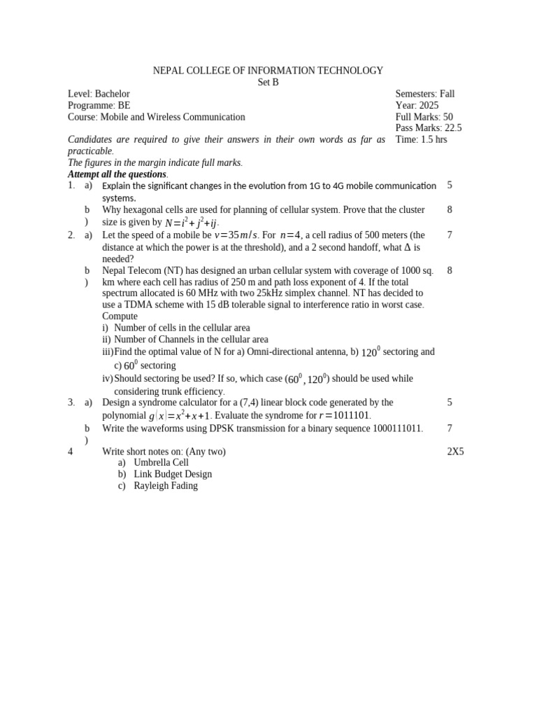 Mobile Communication Exam Questions 2025 | PDF