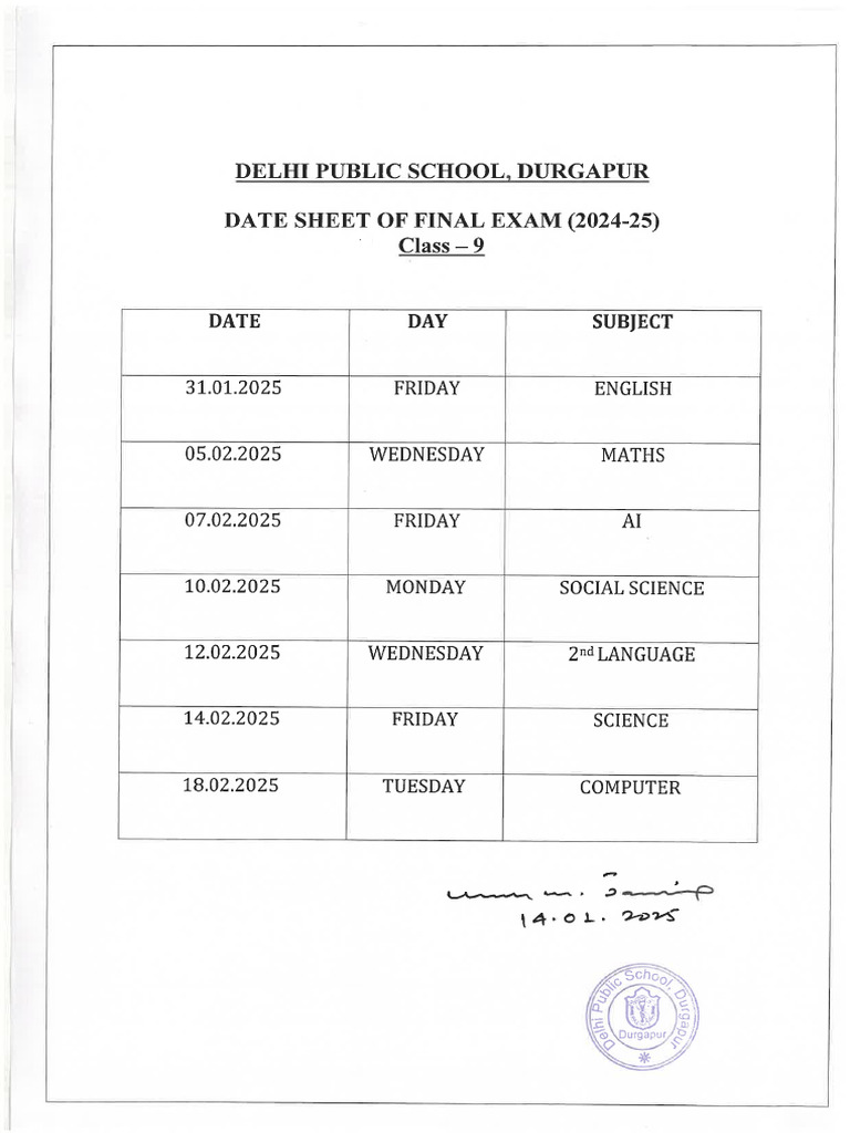 Class 9 Final Exam Datesheet 2024 25 (1) | PDF