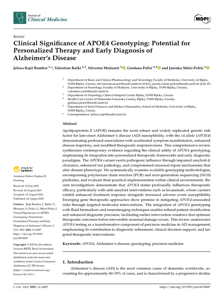 APOE4 Genotyping in Alzheimer's Therapy | PDF | Apolipoprotein E | Dna ...