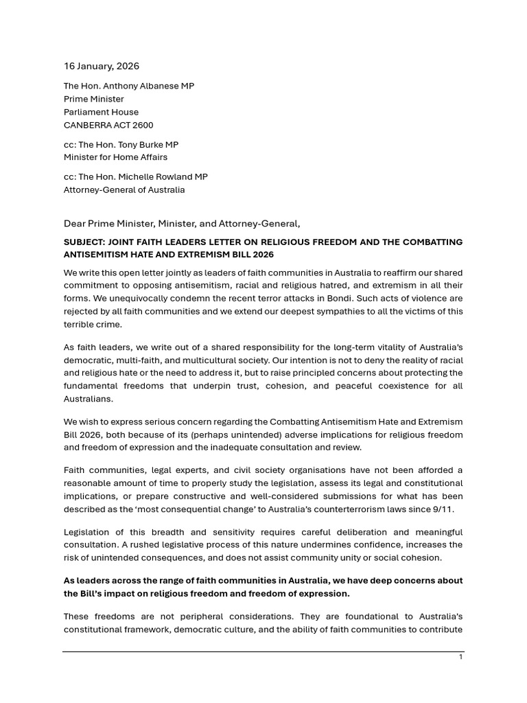 Joint Faith Leaders LTR Re Antisemitism Hate Extremism Bill 2026 As ...
