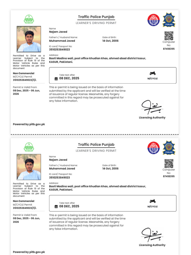 Najam Javed's Learner Driving Permits | PDF | Identity Document ...