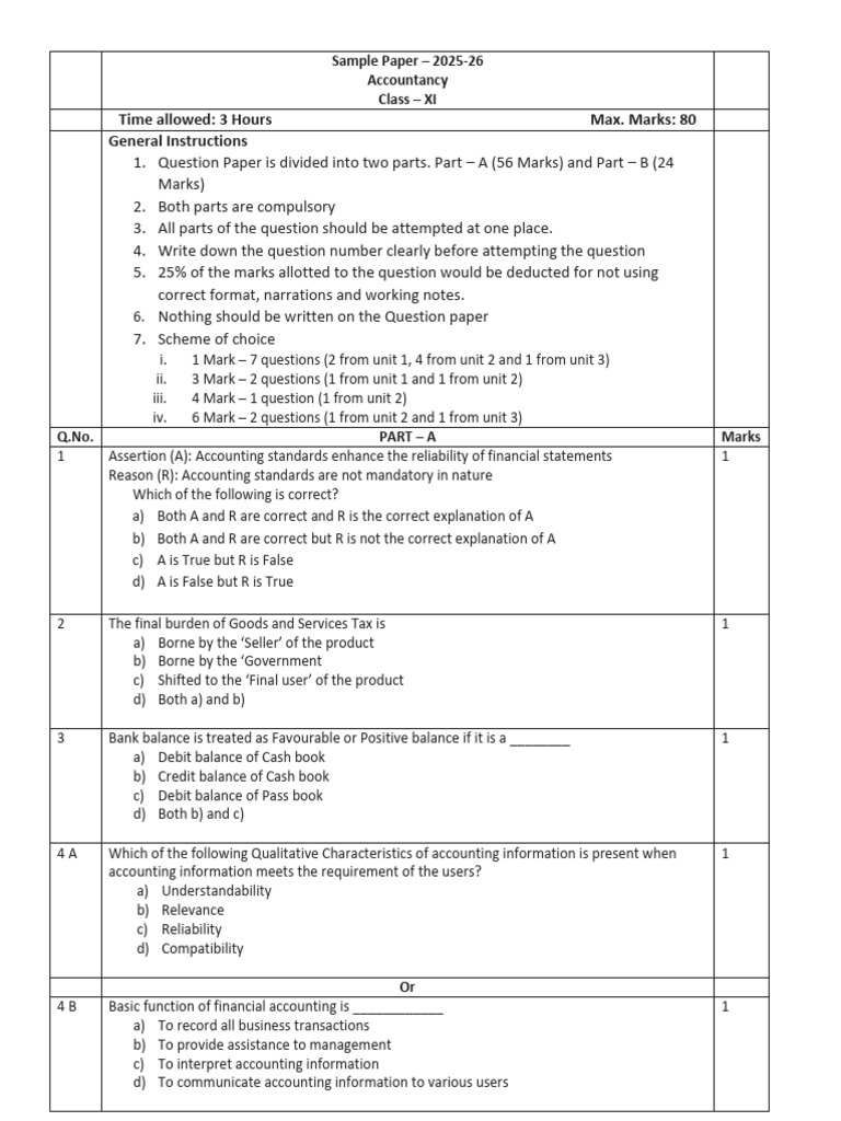 Class XI Accountancy Sample Paper 2025-26 | PDF | Debits And Credits ...