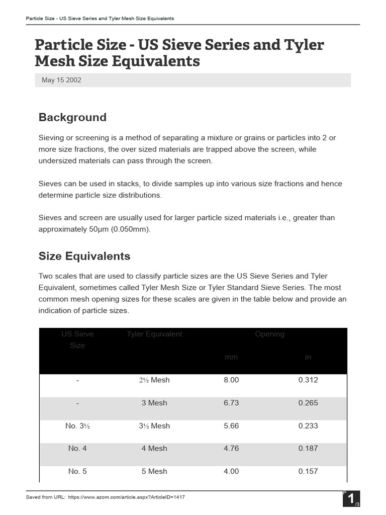 US Sieve and Tyler Mesh Size Guide | PDF | Applied And ...