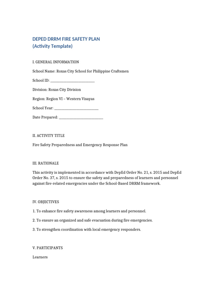 Roxas City School Philippine Craftsmen Fire Safety Plan | PDF | Fire ...