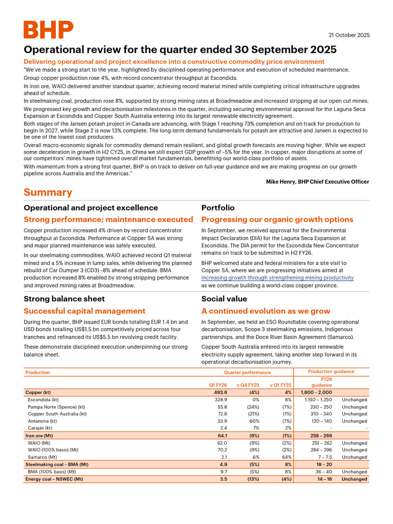 BHP Q1 FY26 Operational Review Summary | PDF | Mining | Minerals
