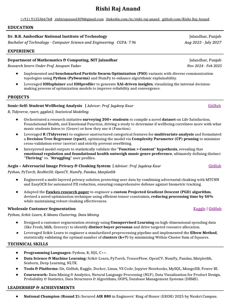 Rishi Raj Anand Resume 2.2.0 | PDF | Machine Learning | Computing