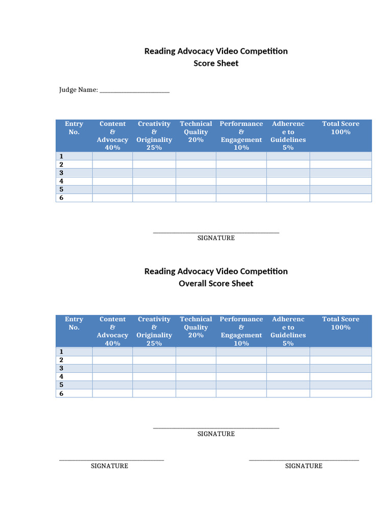 Reading Advocacy Video Score Sheet | PDF