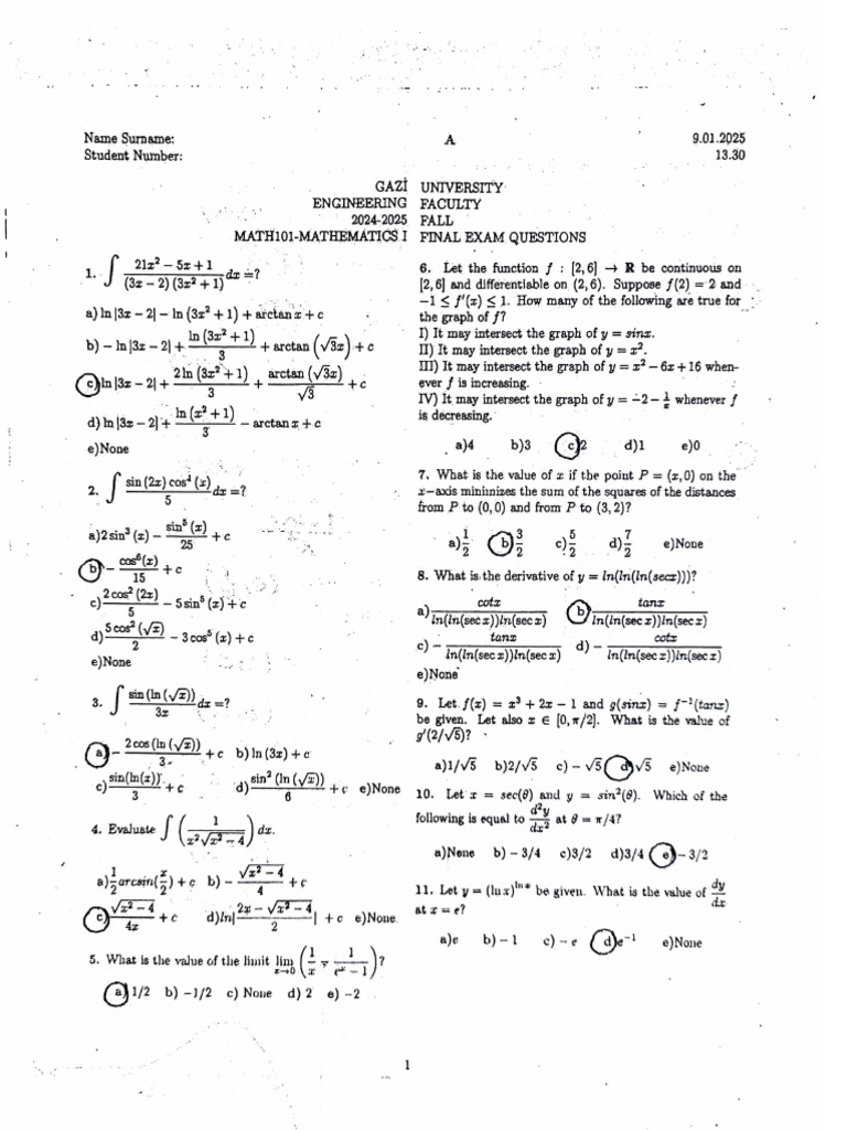 Mathematics I Final Exam Questions | PDF