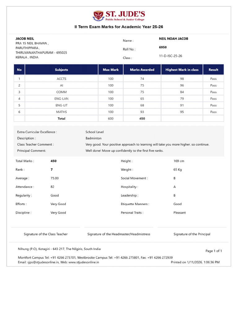 6950 II Term Marksheet | PDF