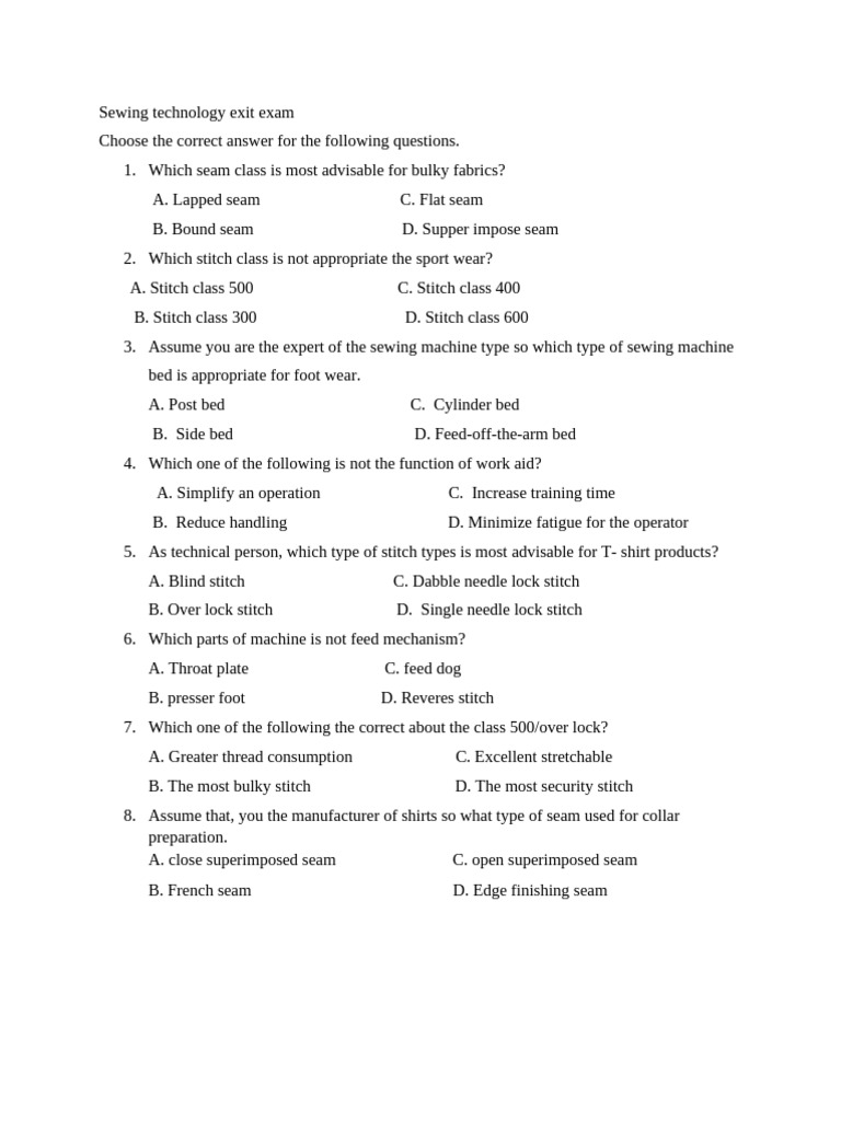 Sewing Technology Exam Questions | PDF | Seam (Sewing) | Sewing Machine