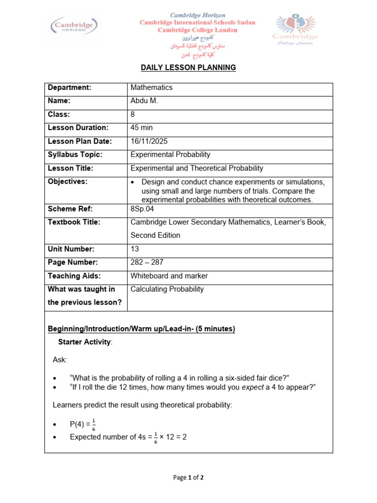 Experimental Probability Lesson Plan | PDF