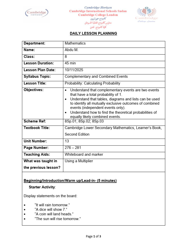 Probability Lesson Plan for Grade 8 | PDF | Probability | Mathematics