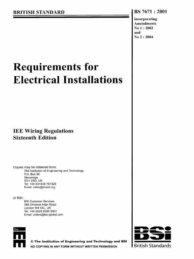 BS 7671 - 2001 Requirement Electrical | PDF