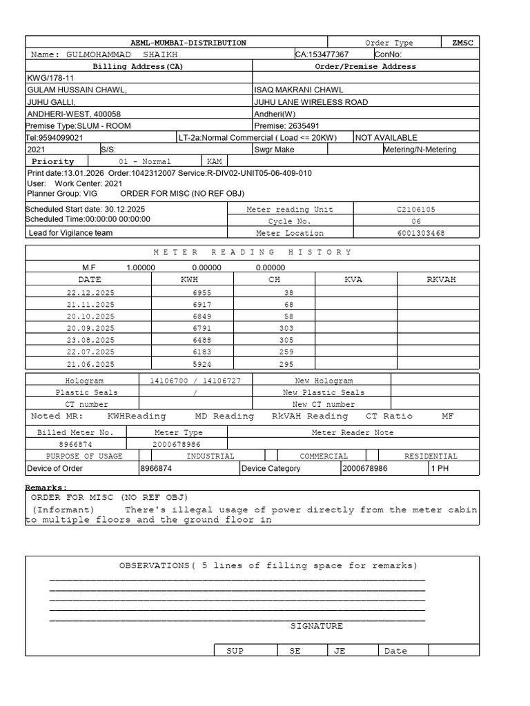 Aeml-Mumbai-Distribution Billing Address (CA) Order/Premise Address | PDF