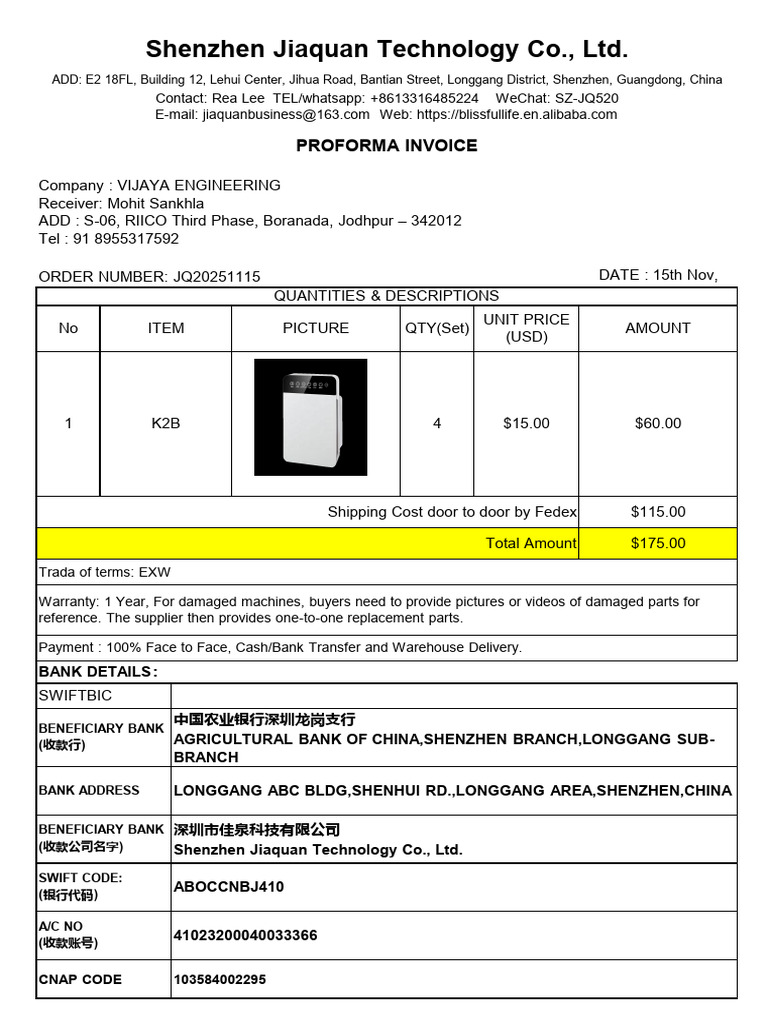 Shenzhen Jiaquan Technology Co., LTD.: Proforma Invoice | PDF