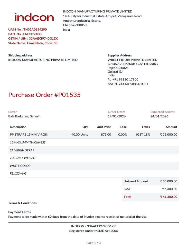 INDCON Purchase Order Details 2026 | PDF | Invoice | Receipt