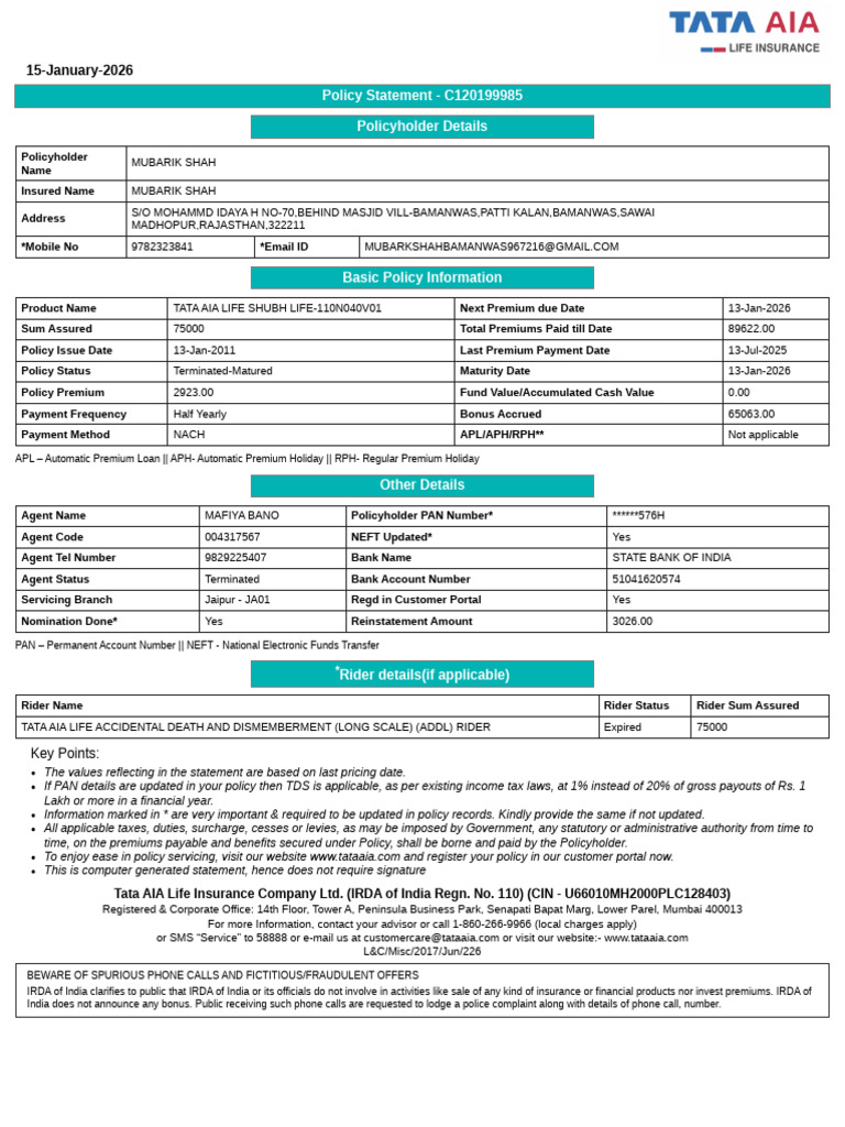 Tata AIA Life Insurance Policy Statement | PDF | Insurance | Payments