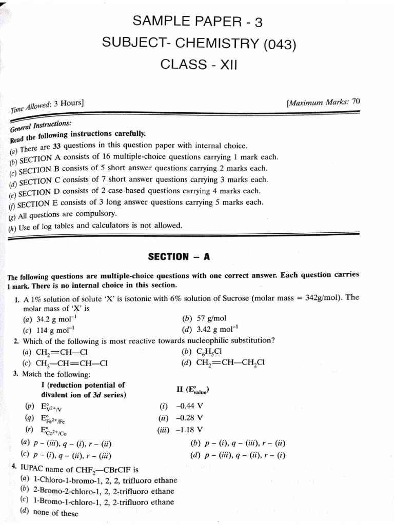 Chemistry Sample Paper 3 | PDF