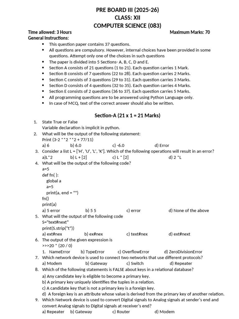 Class XII Computer Science Pre Board Exam 2025-26 | PDF | Computer ...