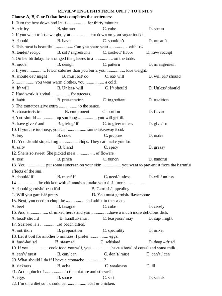 Review English 9 From Unit 7 To Unit 9 | PDF | Multilingualism | Foods