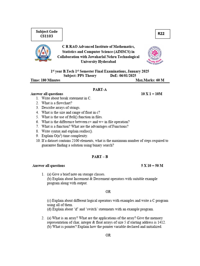 B.Tech PPS Theory Exam Questions 2025 | PDF