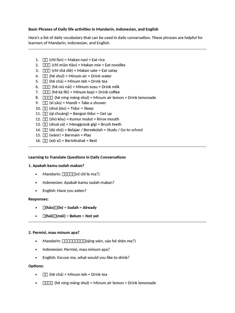 Basic Phrases of Daily Life in Mandarin, Indonesian, and English | PDF