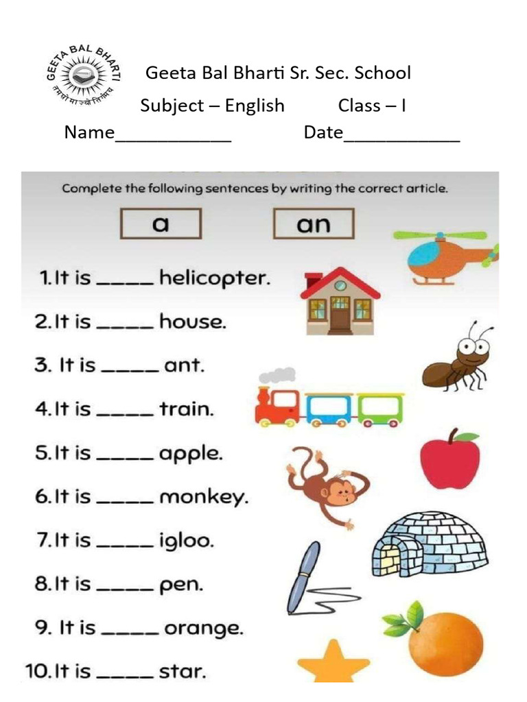 English A or An Worksheet Class 1 | PDF