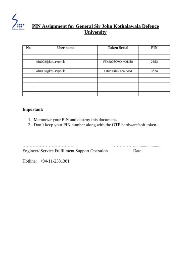 PIN Assignment for KDU Users | PDF