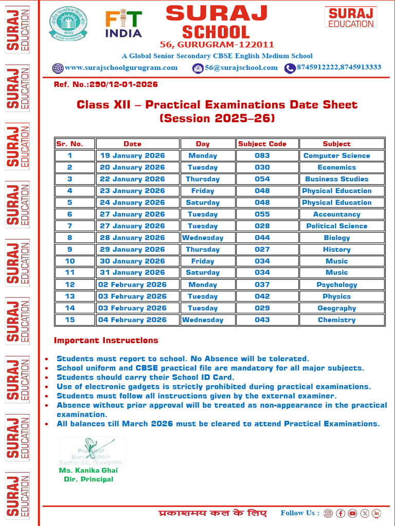 Class XII - Practical Examinations Date Sheet (2025-26) | PDF | Science