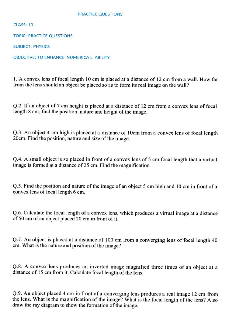 Physics Practice Questions for Class 10 | PDF | Equipment | Imaging