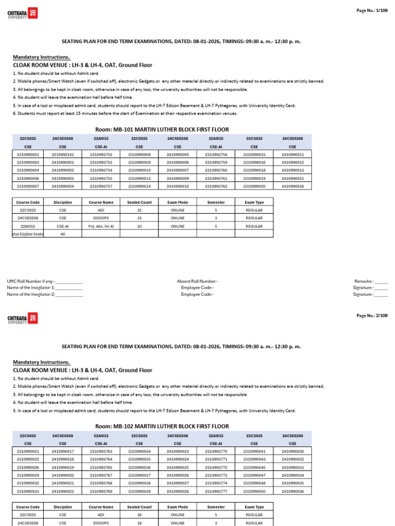 End Term Exam Instructions & Seating Plan | PDF