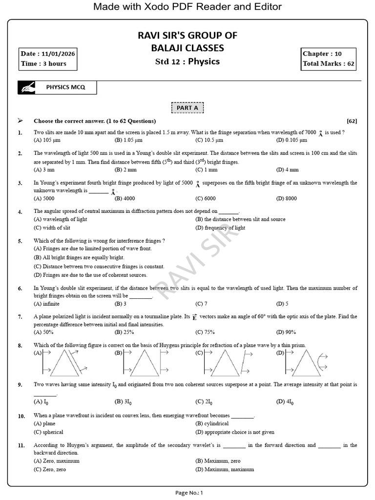 Std 12 Physics MCQs on Wave Optics | PDF | Wavelength | Light