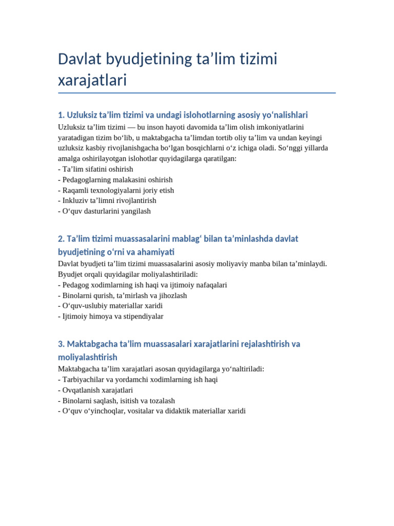 Davlat Byudjeti Talim Xarajatlari | PDF