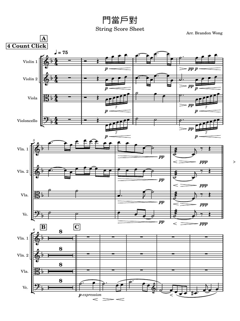 String Score Sheet for Arr. Wong | PDF | Violin | Sound Technology