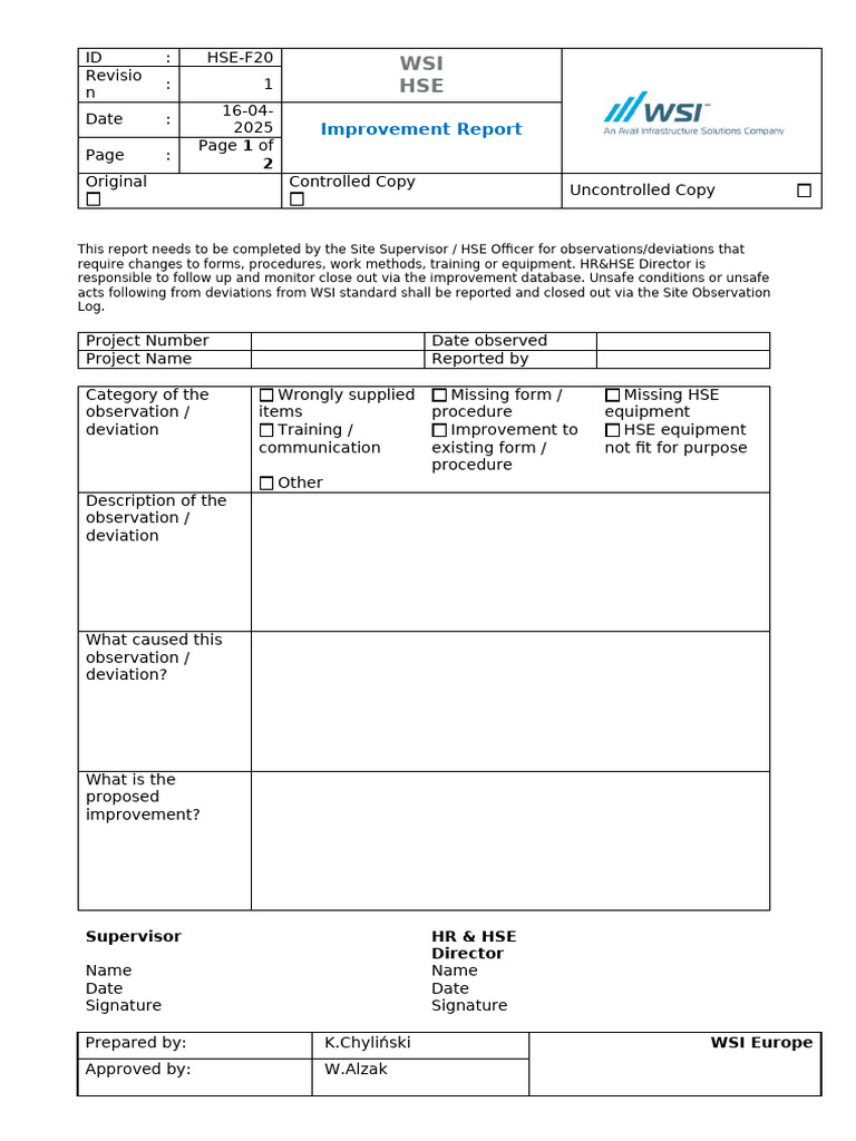 HSE Improvement Report Template | PDF
