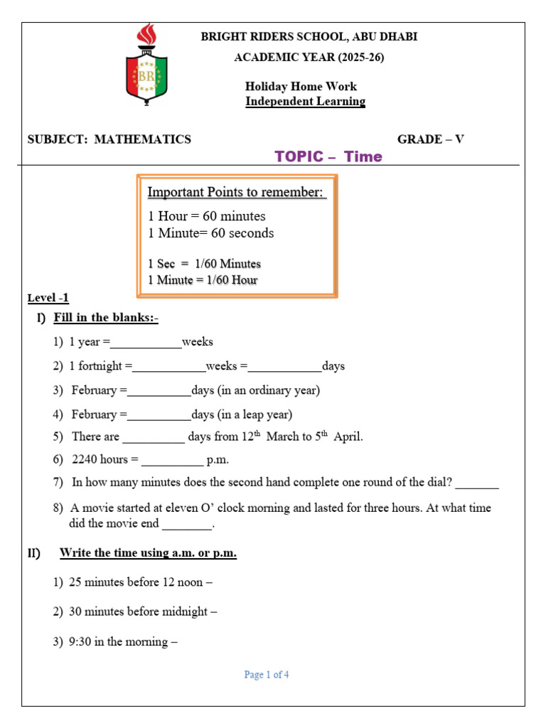 Grade V Mathematics: Time Exercises | PDF | Hour | Units Of Measurement